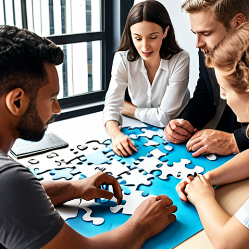 A diverse, multinational team of professionals collaborating seamlessly in a modern, bright office. They are actively engaged in brainstorming, with ideas visually flowing and connecting between them, symbolizing psychological safety and mutual respect. The atmosphere is energetic, innovative, and warm, illustrating the synergy of their combined unique strengths as if puzzle pieces are naturally falling into place.